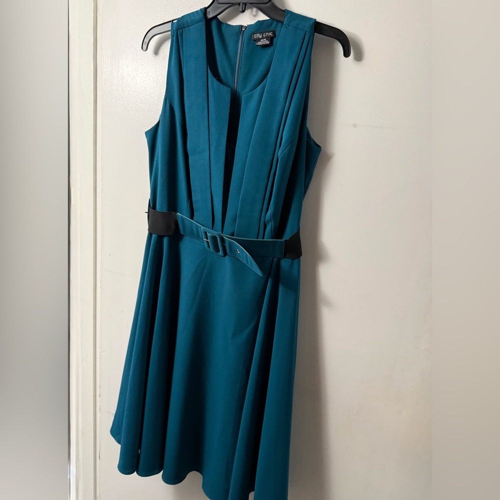 City Chic Teal Sleeveless and Belted A-line Dress